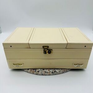 Vintage Mele Cream Vinyl Jewelry Box Red Velvet Lining Large Organizer